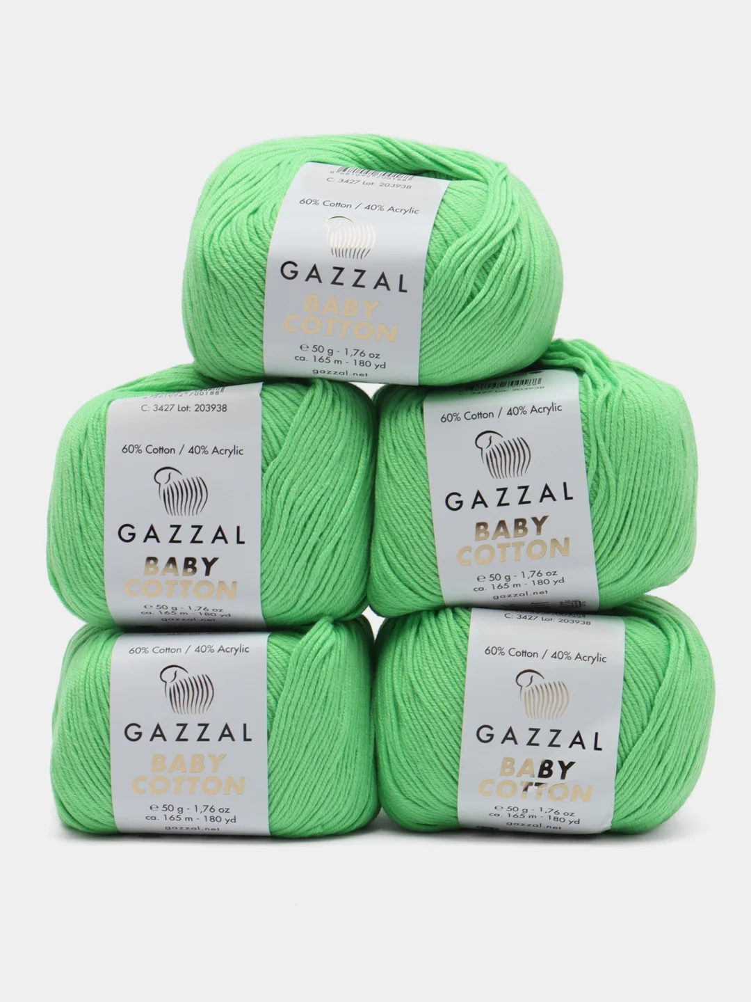 Зеленый пряжа Gazzal Baby Cotton, 5 мотков в комплекте, 40% акрил, 60% хлопок, 50 г, 165 м