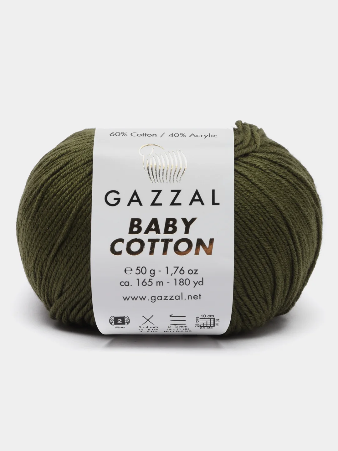 Золотистый хаки пряжа Gazzal Baby Cotton, 5 мотков в комплекте, 40% акрил, 60% хлопок, 50 г, 165 м