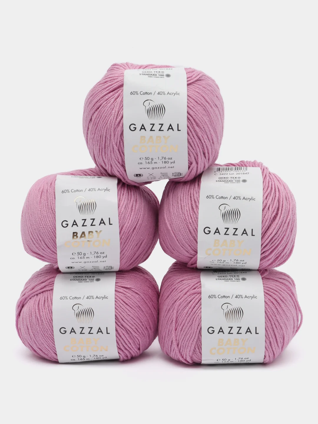 Пудровый пряжа Gazzal Baby Cotton, 5 мотков в комплекте, 40% акрил, 60% хлопок, 50 г, 165 м