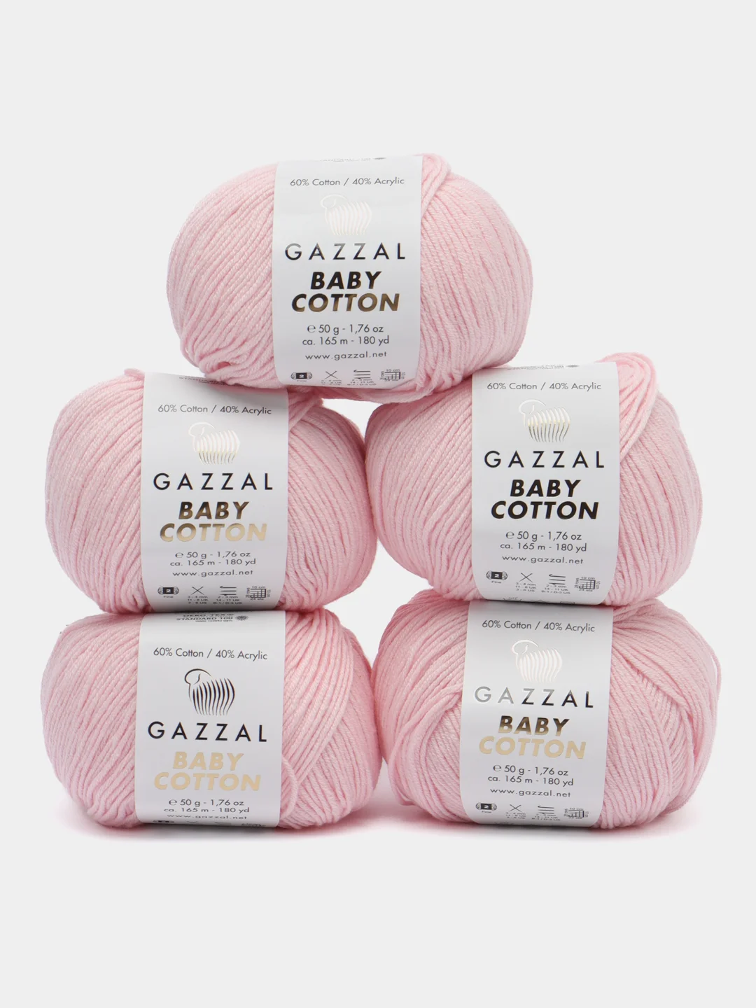 Розовый пряжа Gazzal Baby Cotton, 5 мотков в комплекте, 40% акрил, 60% хлопок, 50 г, 165 м
