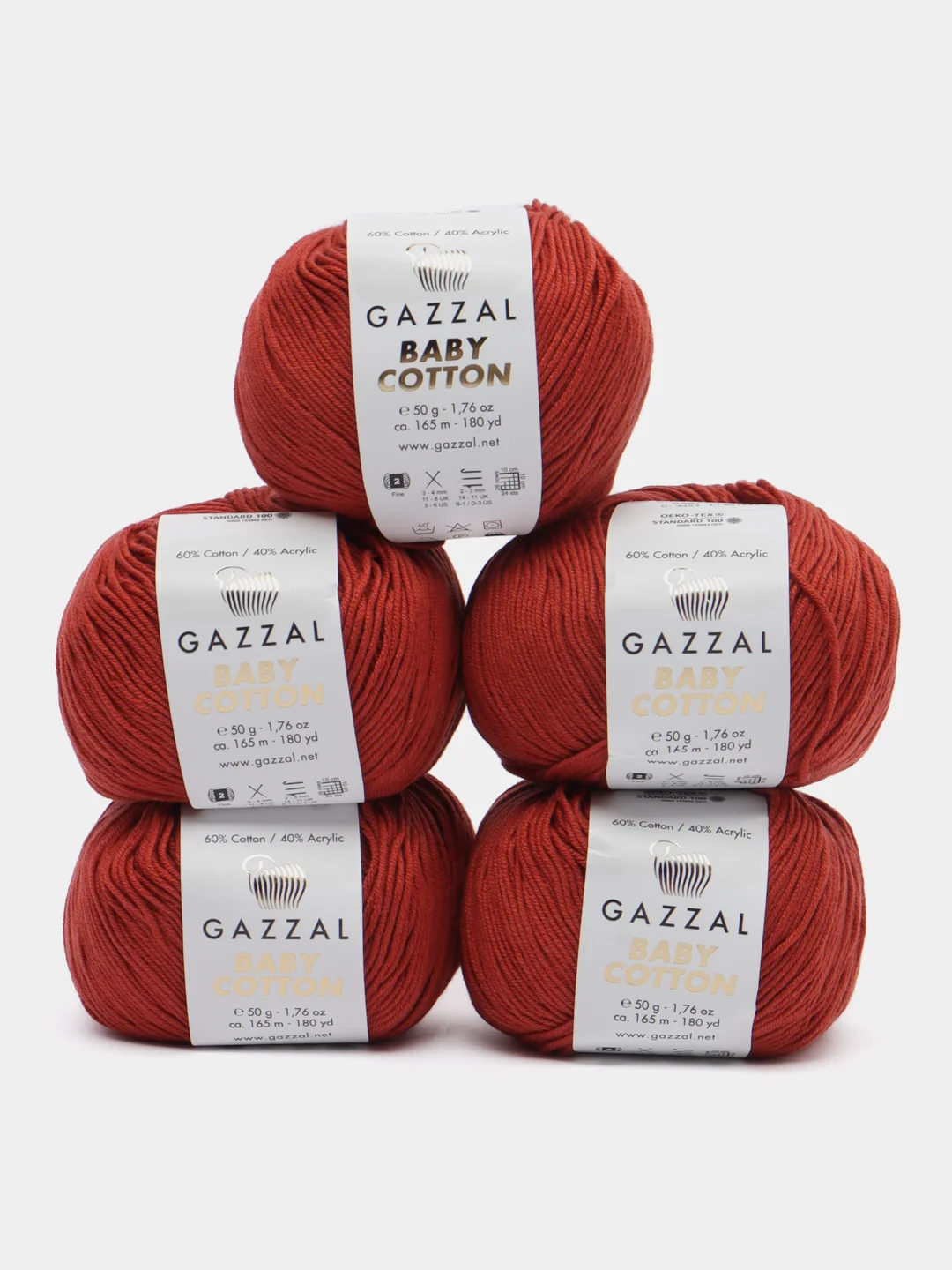 Рыжий пряжа Gazzal Baby Cotton, 5 мотков в комплекте, 40% акрил, 60% хлопок, 50 г, 165 м