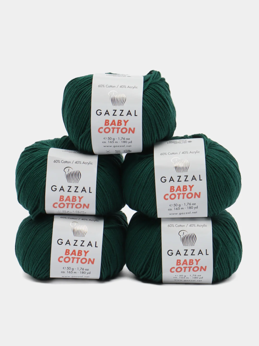 Салатовый пряжа Gazzal Baby Cotton, 5 мотков в комплекте, 40% акрил, 60% хлопок, 50 г, 165 м