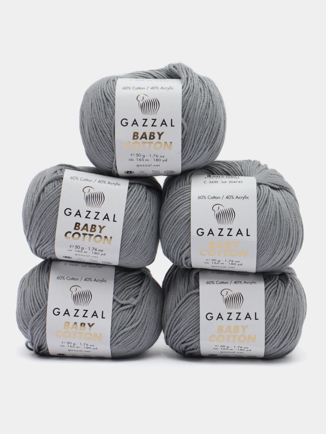 Серый пряжа Gazzal Baby Cotton, 5 мотков в комплекте, 40% акрил, 60% хлопок, 50 г, 165 м
