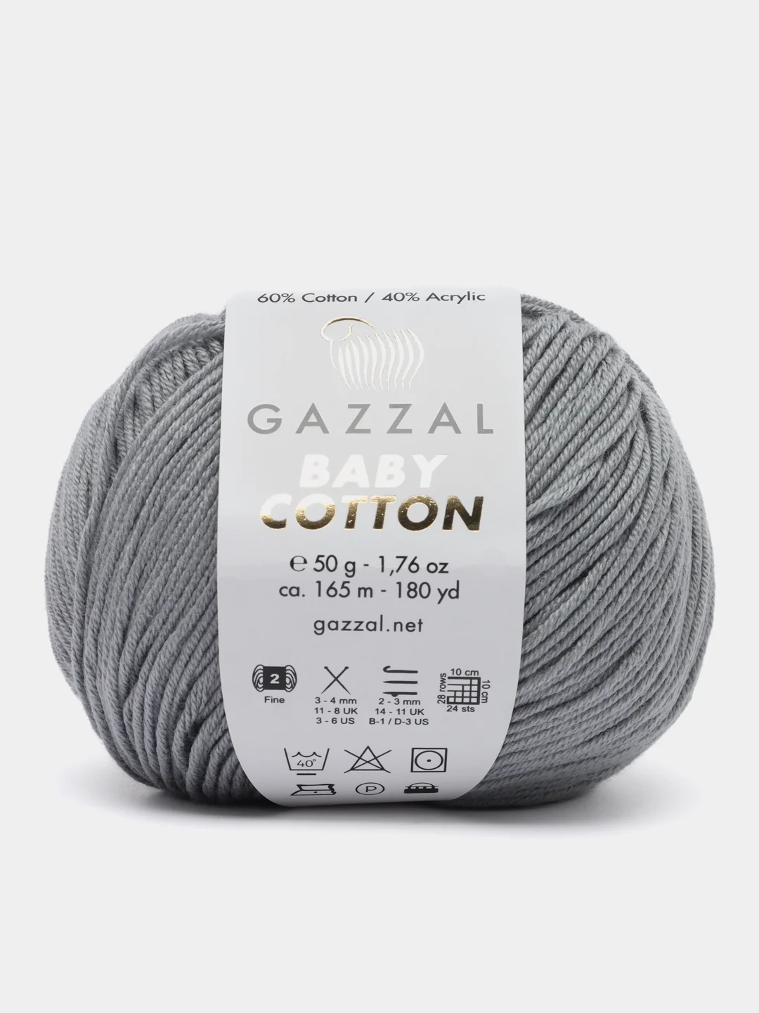 Серый пряжа Gazzal Baby Cotton, 5 мотков в комплекте, 40% акрил, 60% хлопок, 50 г, 165 м