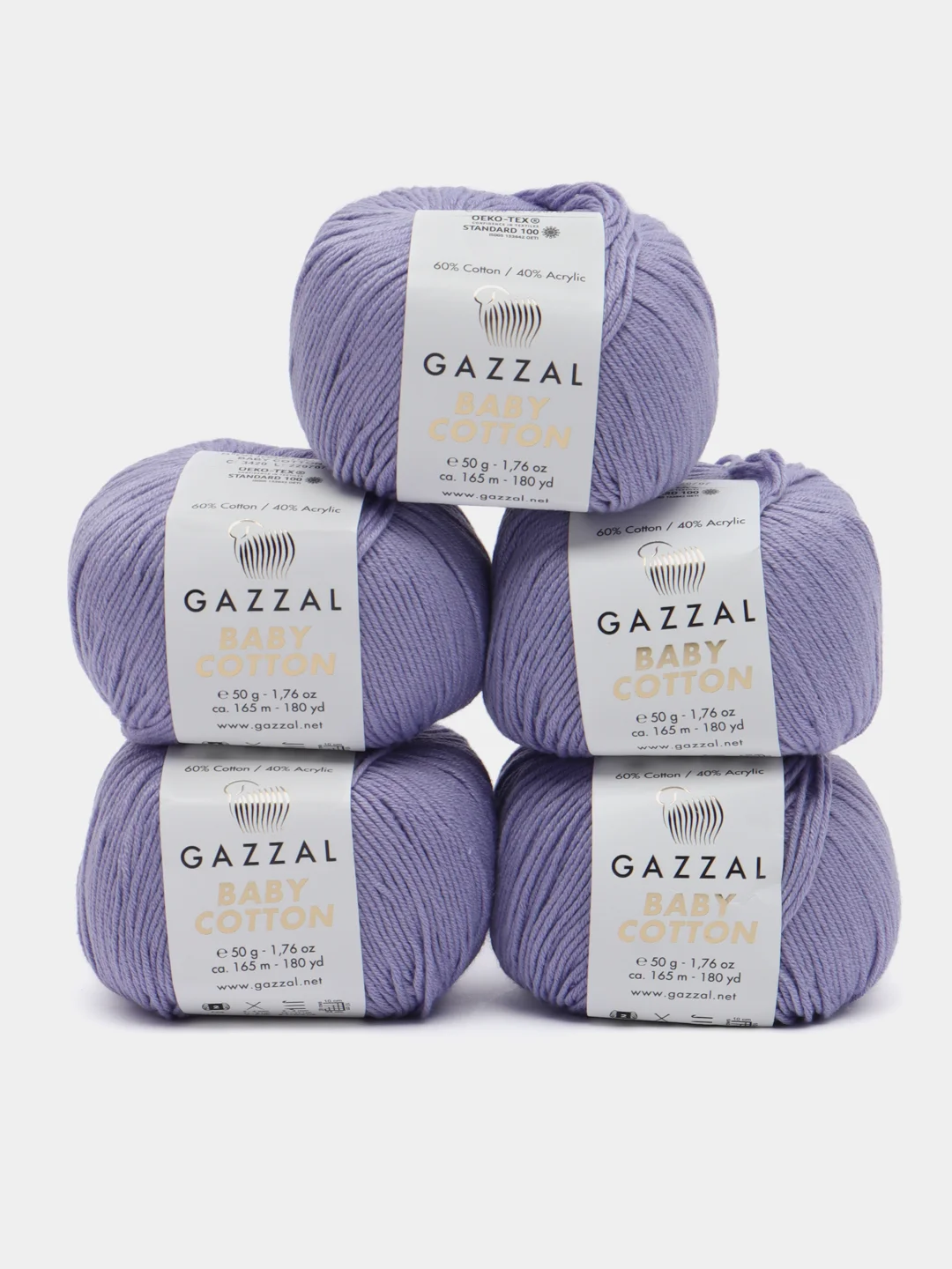 Сиреневый пряжа Gazzal Baby Cotton, 5 мотков в комплекте, 40% акрил, 60% хлопок, 50 г, 165 м