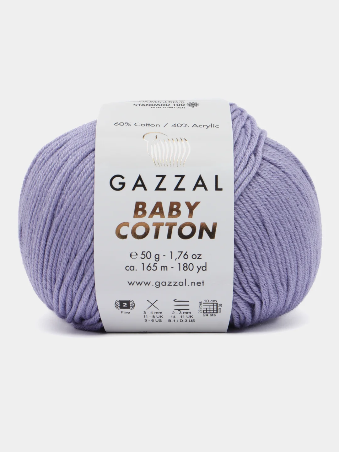 Сиреневый пряжа Gazzal Baby Cotton, 5 мотков в комплекте, 40% акрил, 60% хлопок, 50 г, 165 м