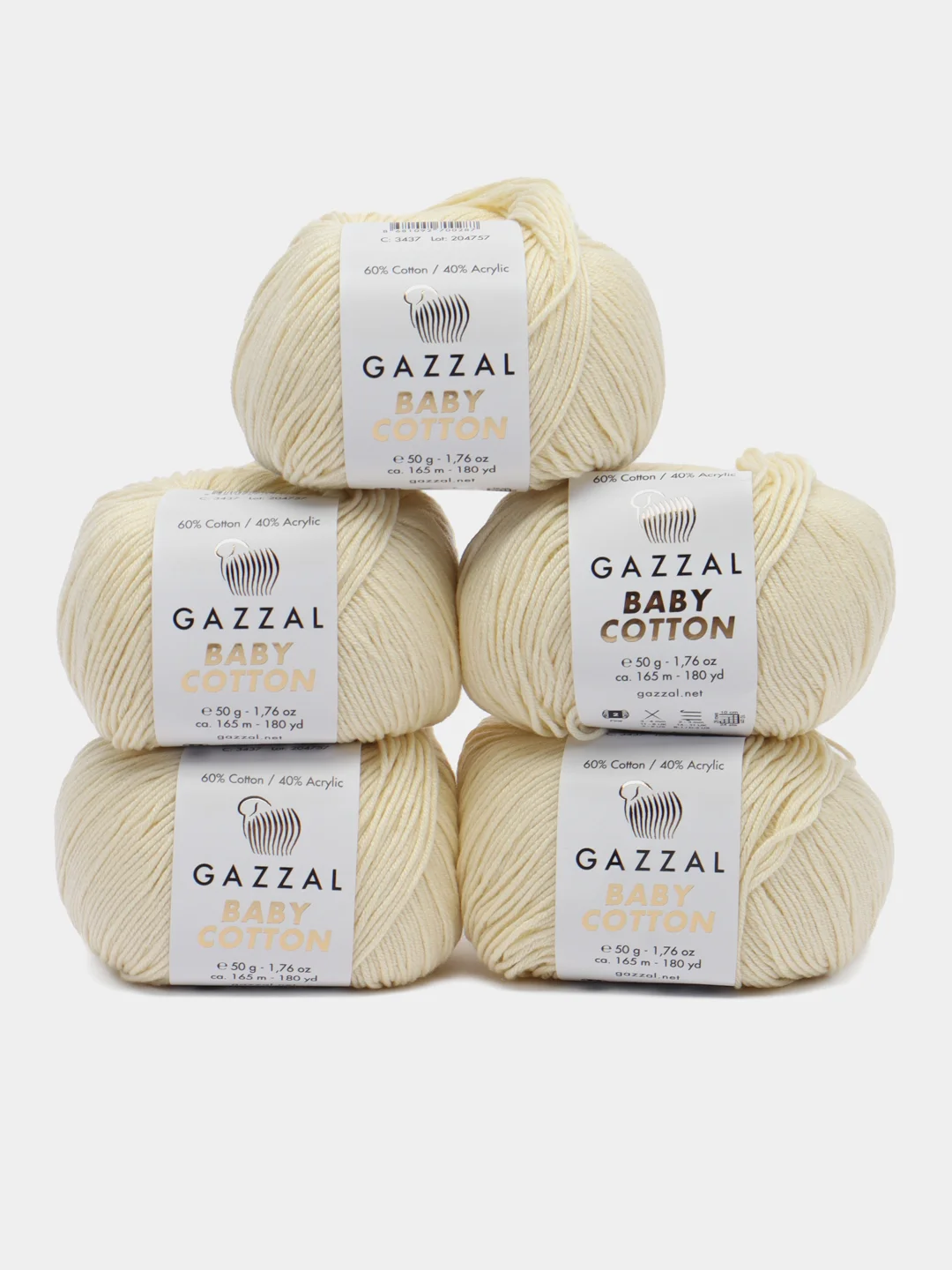 Слоновая кость пряжа Gazzal Baby Cotton, 5 мотков в комплекте, 40% акрил, 60% хлопок, 50 г, 165 м