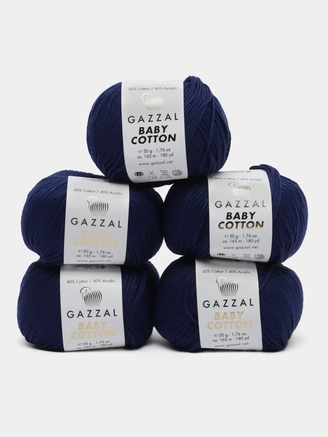 Темно-синий пряжа Gazzal Baby Cotton, 5 мотков в комплекте, 40% акрил, 60% хлопок, 50 г, 165 м