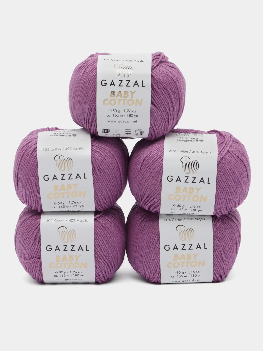 Фиолетовый пряжа Gazzal Baby Cotton, 5 мотков в комплекте, 40% акрил, 60% хлопок, 50 г, 165 м