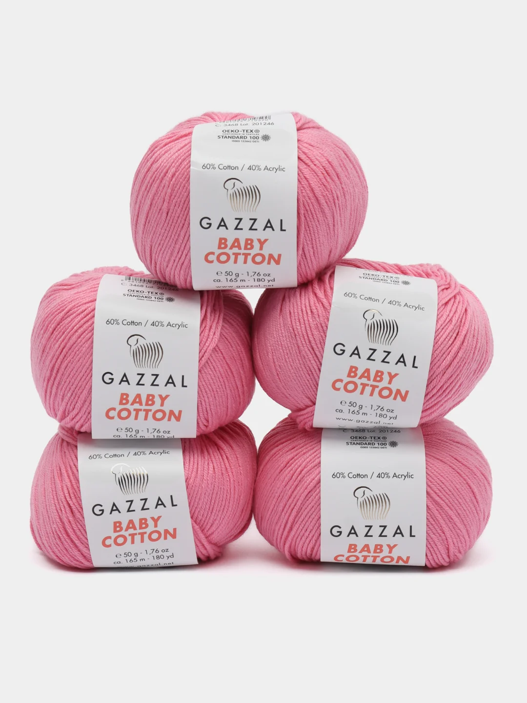 Фуксия пряжа Gazzal Baby Cotton, 5 мотков в комплекте, 40% акрил, 60% хлопок, 50 г, 165 м