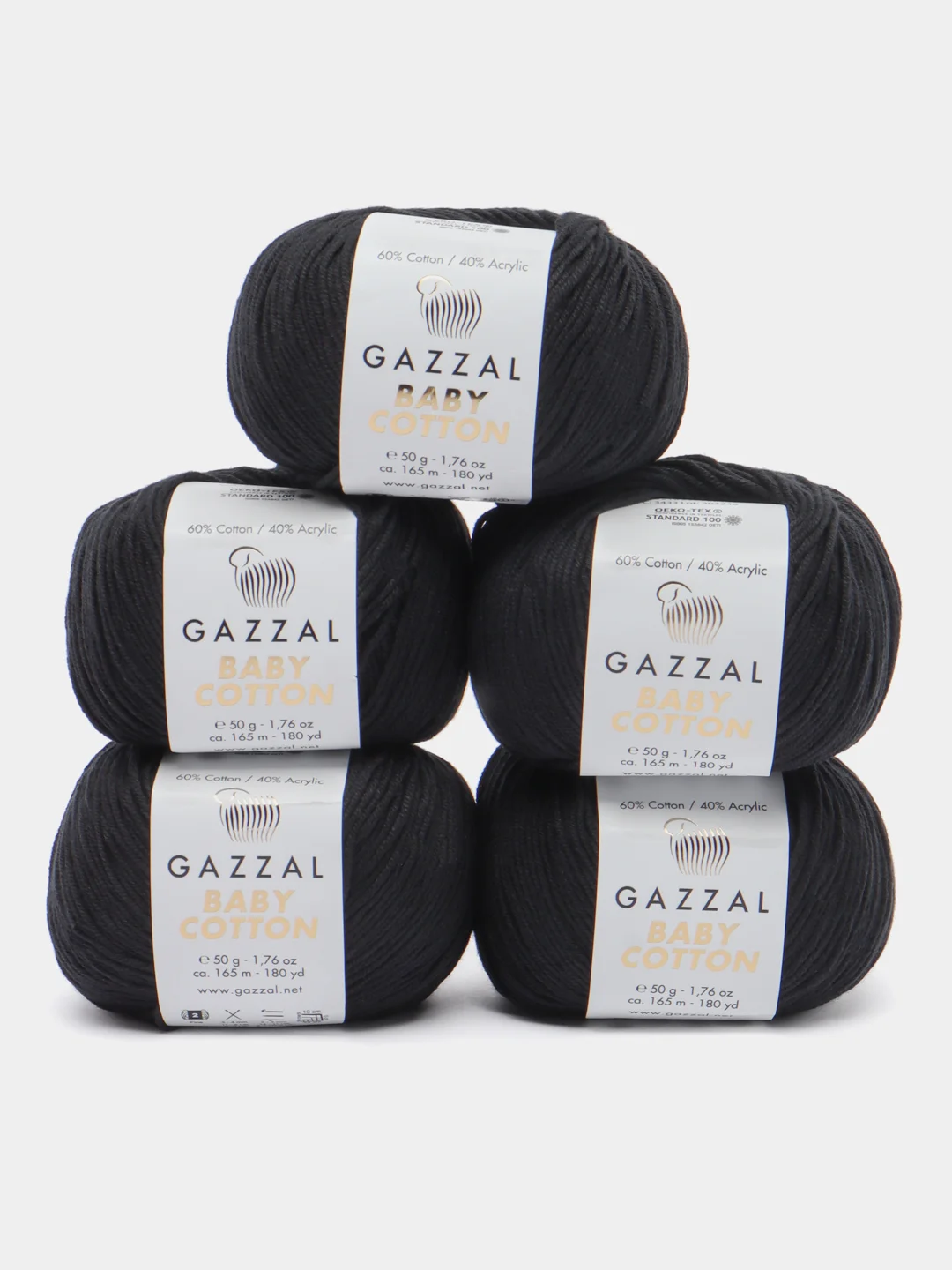 Черный пряжа Gazzal Baby Cotton, 5 мотков в комплекте, 40% акрил, 60% хлопок, 50 г, 165 м