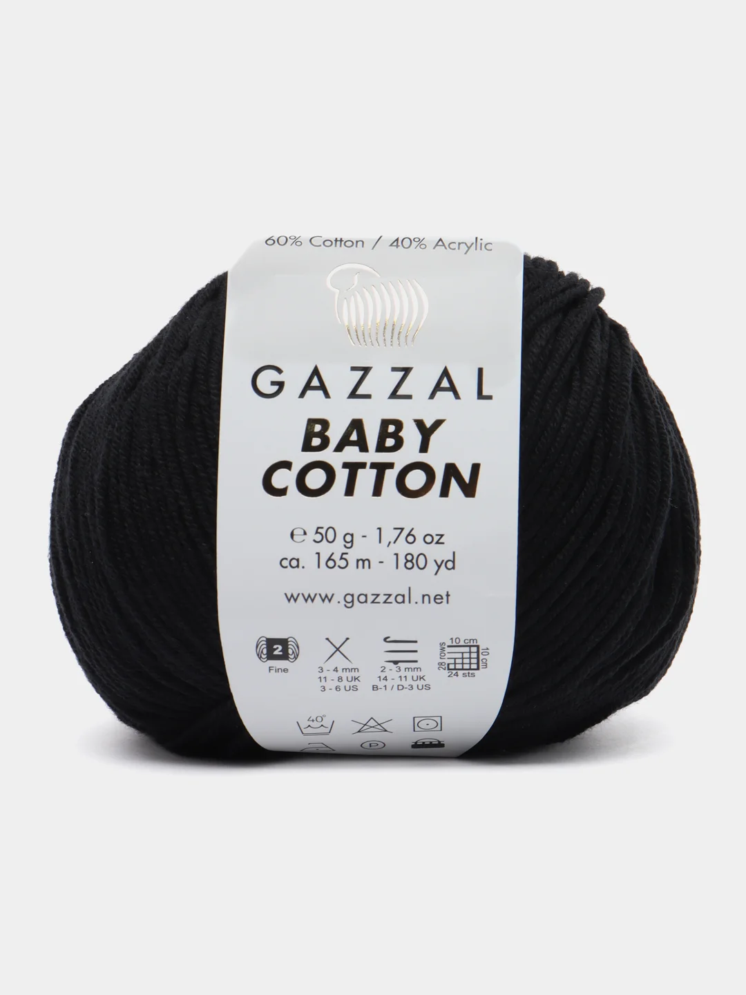 Черный пряжа Gazzal Baby Cotton, 5 мотков в комплекте, 40% акрил, 60% хлопок, 50 г, 165 м