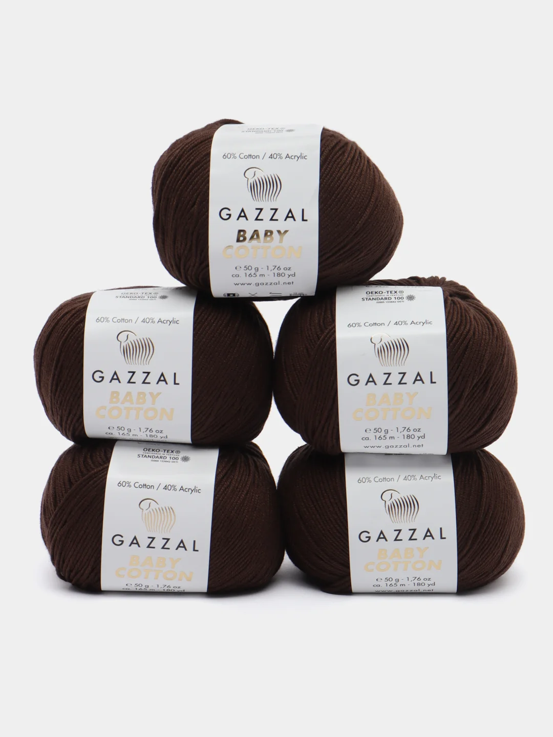 Шоколадный пряжа Gazzal Baby Cotton, 5 мотков в комплекте, 40% акрил, 60% хлопок, 50 г, 165 м