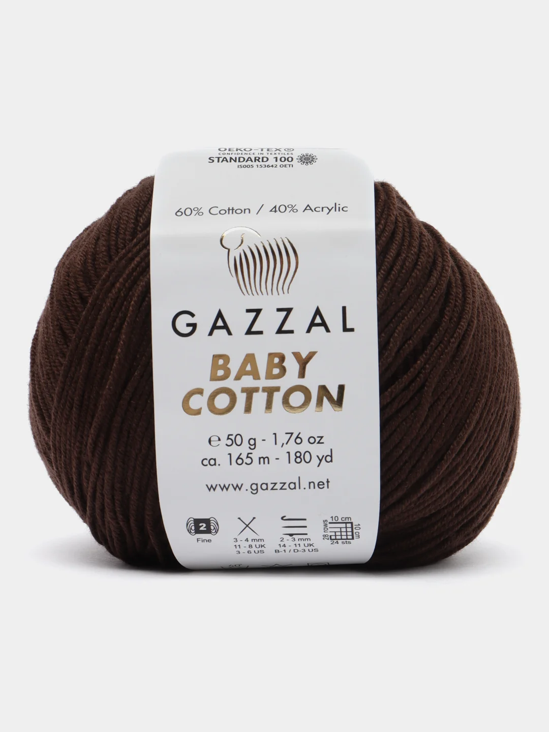 Шоколадный пряжа Gazzal Baby Cotton, 5 мотков в комплекте, 40% акрил, 60% хлопок, 50 г, 165 м