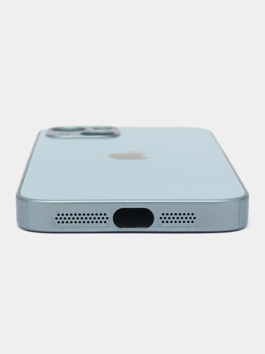 Голубой чехол для iPhone (Айфон) 13, 14, Pro, силиконовый, матовой, стеклянная панель