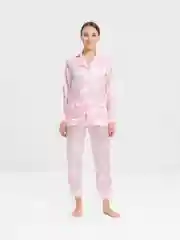 Конфетный пижамный костюм из брюк и рубашки, шелковый, с перьями