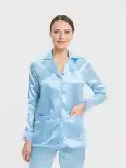 Голубой пижамный костюм из брюк и рубашки, шелковый, с перьями