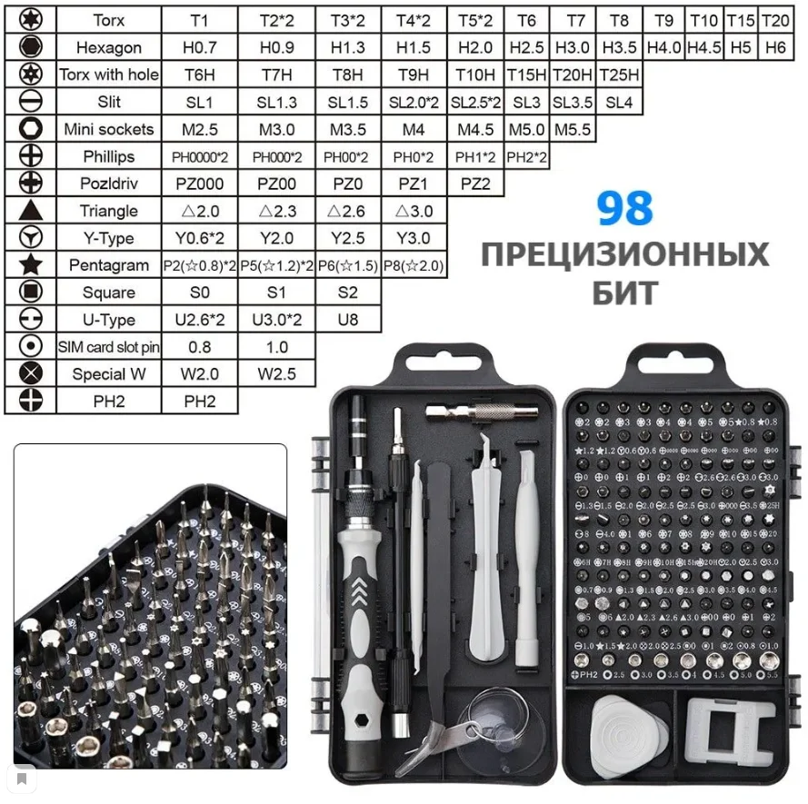 Набор отверток 115 в 1, с битами и головками для ремонта телефонов и ноутбуков