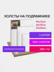 Холст, полотно для рисования на подрамнике в коробе, 3 штуки, 280 г/м2 Brauberg 880328