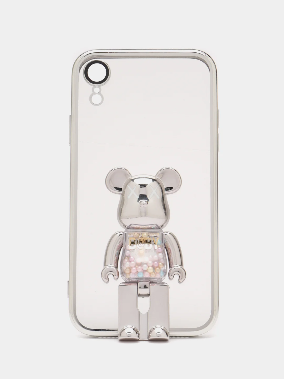 Серебряный чехол на Айфон с BearBrick медведь держателем подставкой IPhone XR, 11, 12, 13, 14 Pro Max