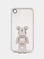 Серебряный чехол на Айфон с BearBrick медведь держателем подставкой IPhone XR, 11, 12, 13, 14 Pro Max