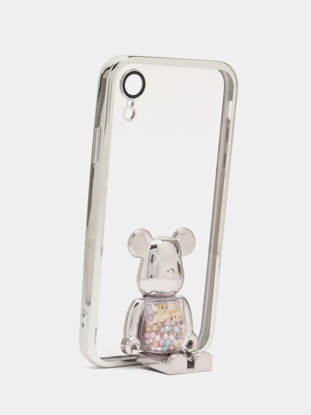 Серебряный чехол на Айфон с BearBrick медведь держателем подставкой IPhone XR, 11, 12, 13, 14 Pro Max