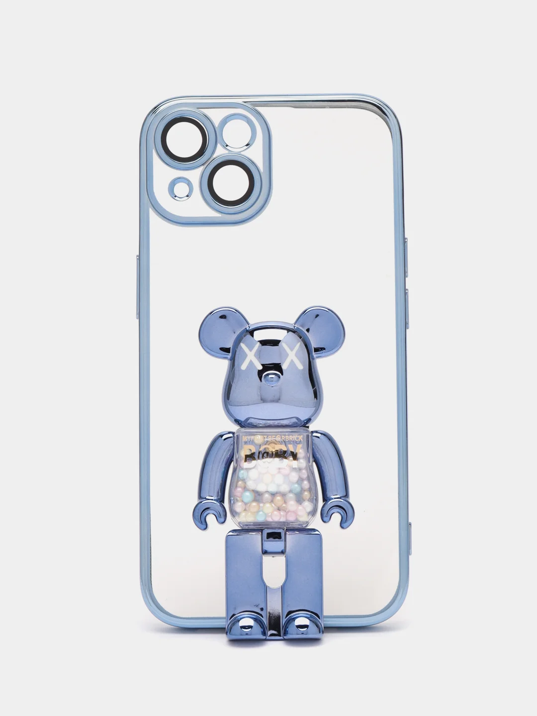 Голубой чехол на Айфон с BearBrick медведь держателем подставкой IPhone XR, 11, 12, 13, 14 Pro Max