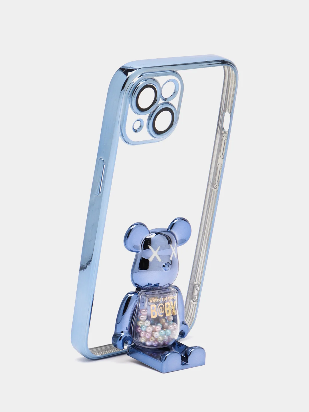 Голубой чехол на Айфон с BearBrick медведь держателем подставкой IPhone XR, 11, 12, 13, 14 Pro Max