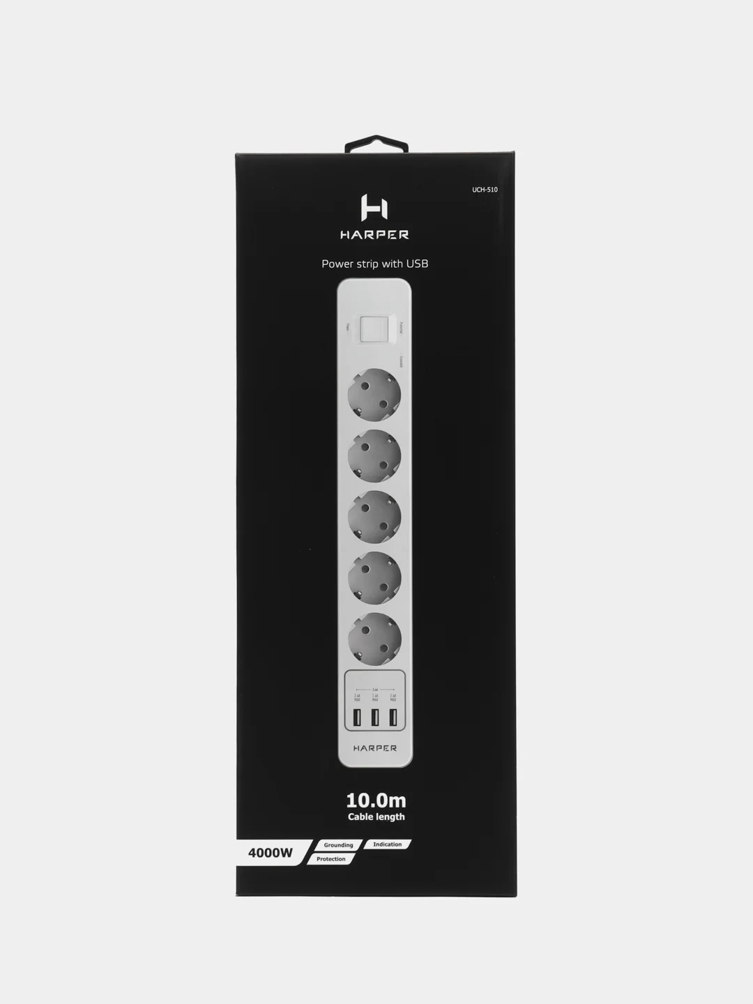 Белый сетевой фильтр Harper UCH-510, 10 метров, 5 розеток, 3 USB, 4000 Вт