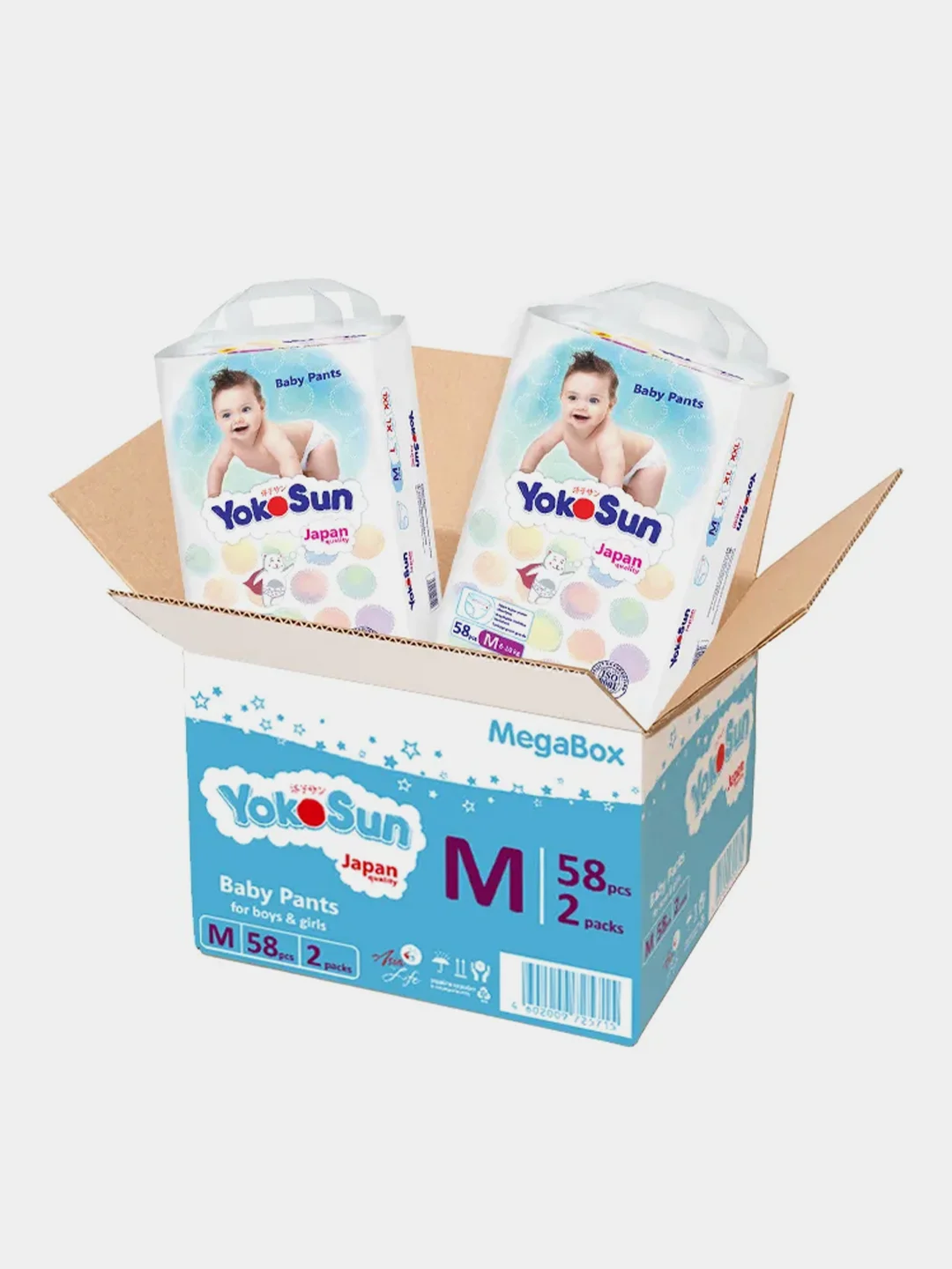 Подгузники-трусики Megabox, YokoSun, 116 штук (2 упаковки по 58 штук), размер M (6-10 кг)