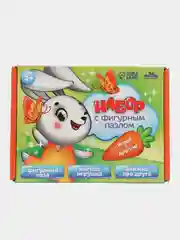 Желтый подарочный набор для мальчика и девочки 3-7 лет: деревянный пазл, мягкая игрушка, книжка