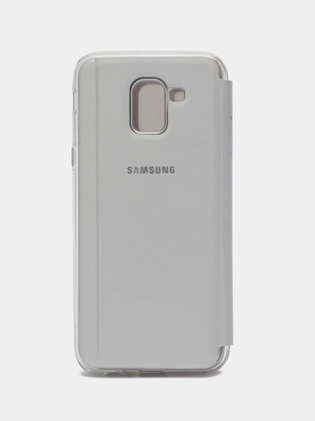 Серебряный чехол-книжка с прозрачным окном Samsung A6/A6 Plus/A8/A7/A9/J3/J4/J6/J8/A80/A81/A60/A91