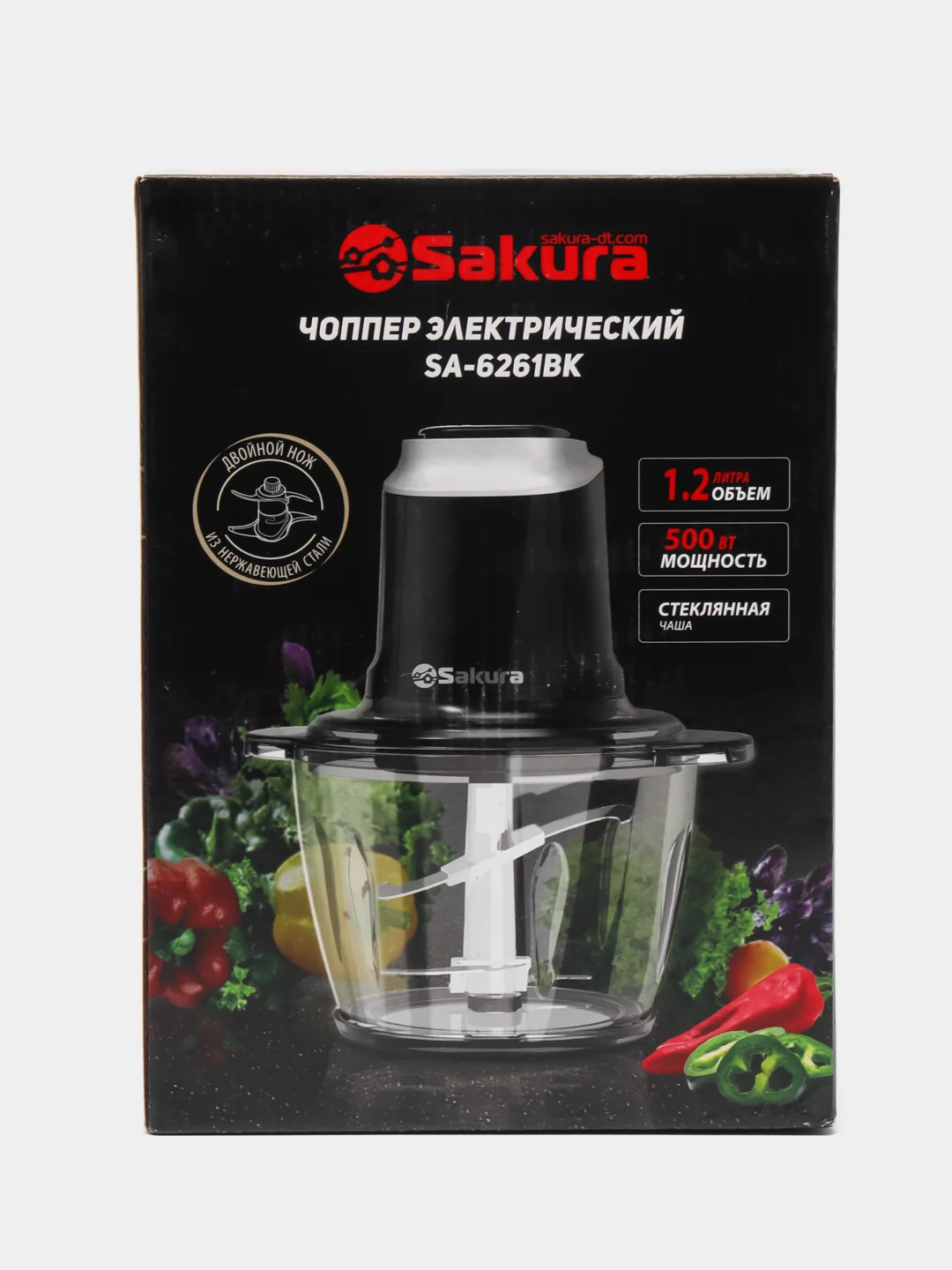 Чоппер Sakura SA-6261BK чаша стекло, 1.2 л, 500 Вт, 4 ножа