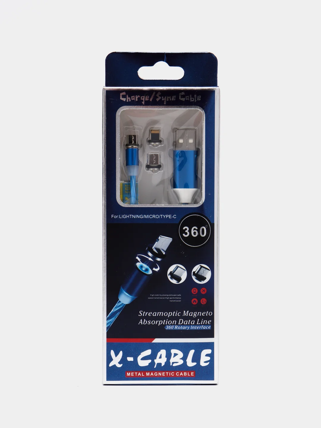 Синий кабель зарядный X-CABLE (1m, Micro-USB/ Type-C/Lightning), для Android и iPhone
