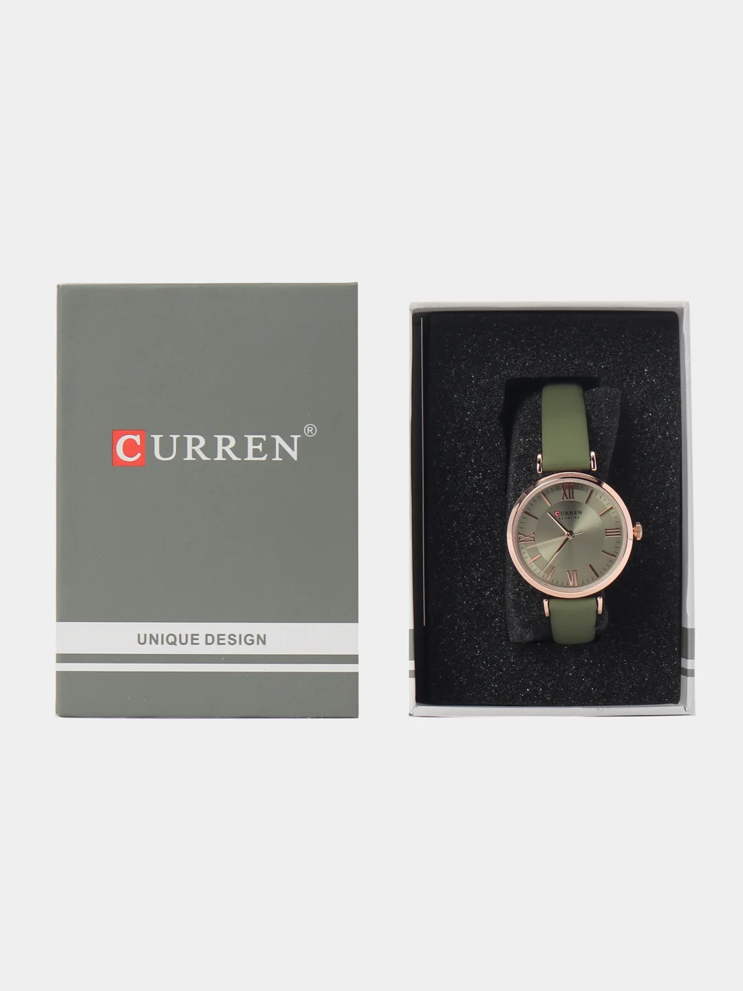 Зелёный хаки женские наручные часы Curren 9079 в подарочной упаковке