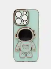 Бирюзовый чехол на Айфон с космонавтом, держателем-подставкой, IPhone XR, 11, 12, 13, 14 Pro Max