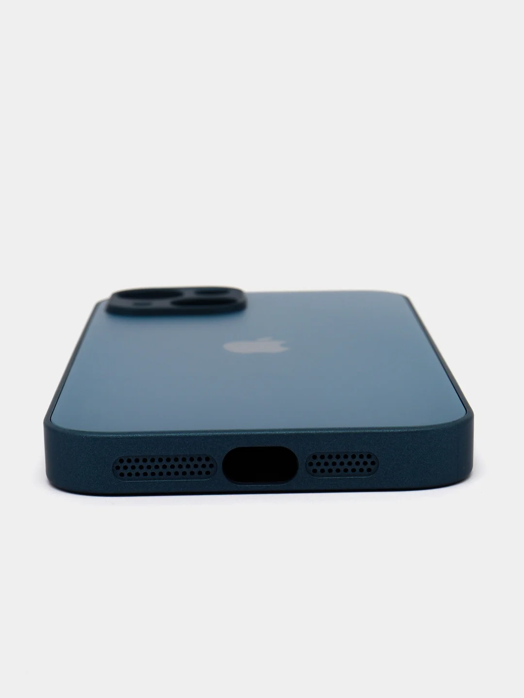 Синий чехол для iPhone (Айфон) 13, 14, Pro, силиконовый, матовой, стеклянная панель
