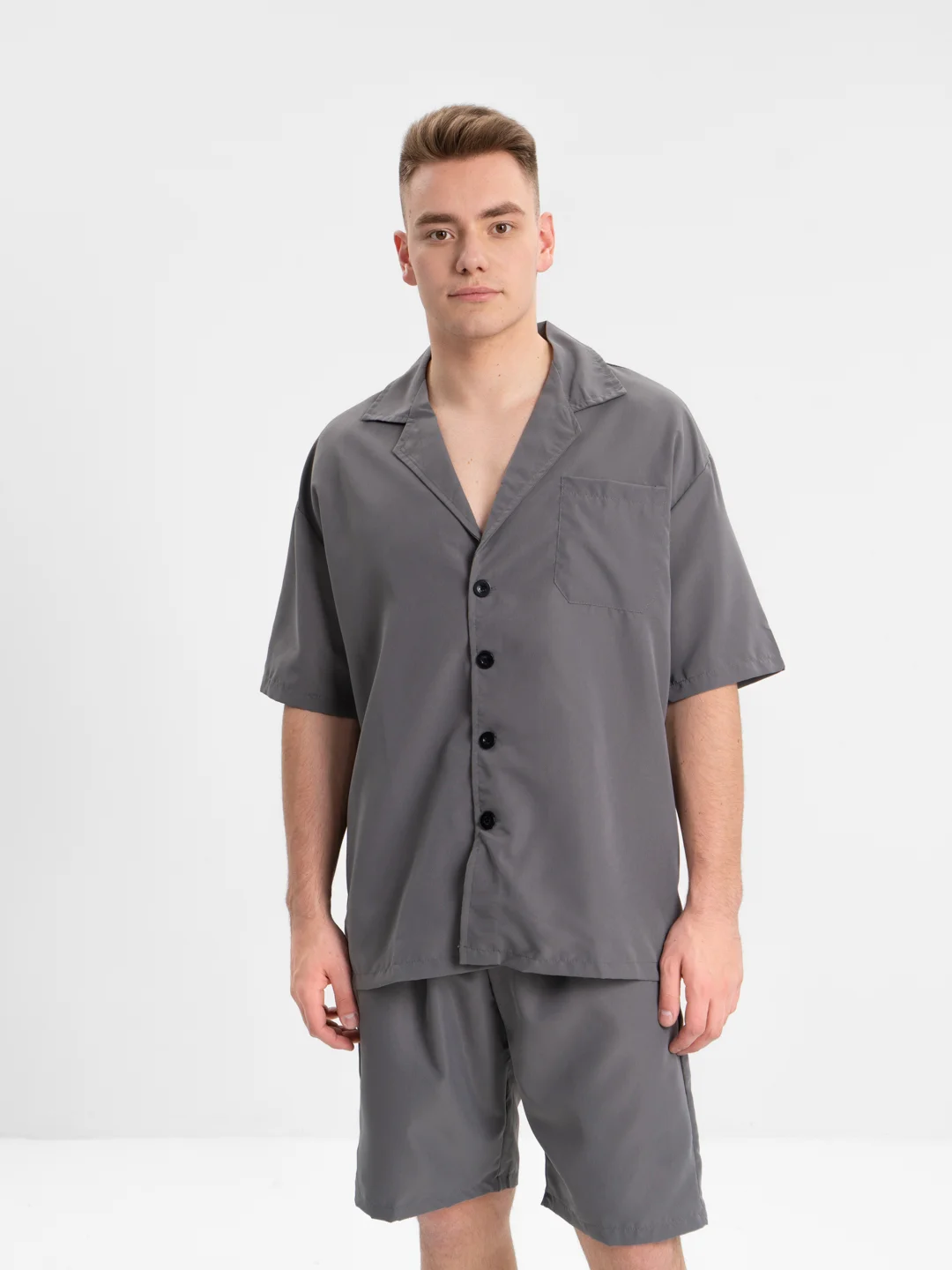 Серый мужской летний комплект, рубашка и шорты, oversize