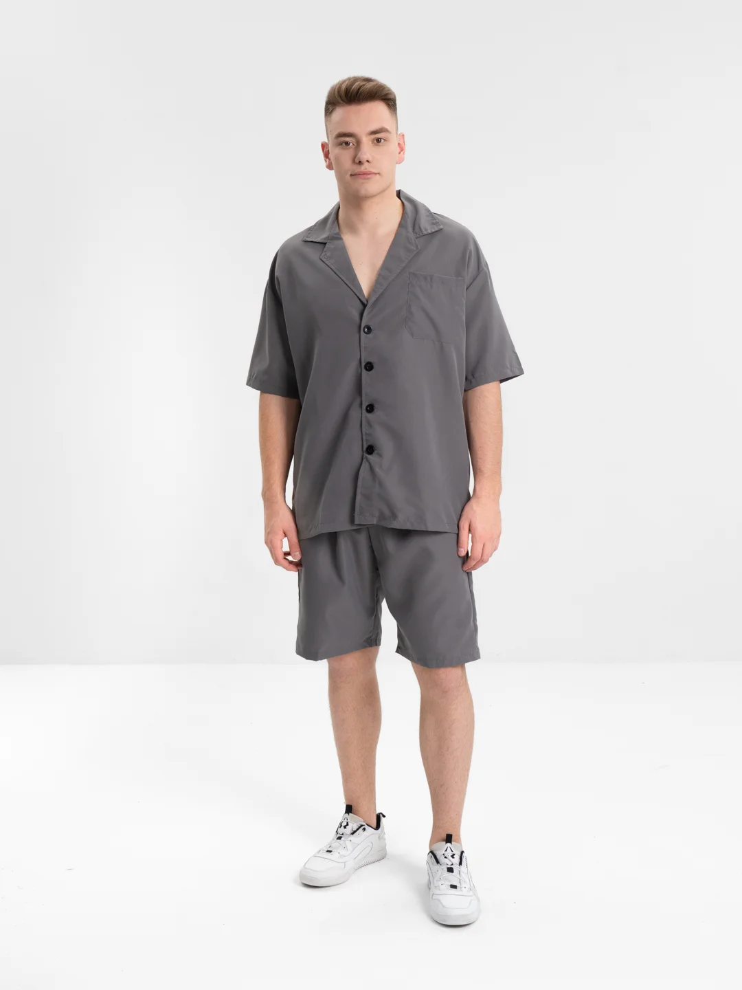 Серый мужской летний комплект, рубашка и шорты, oversize