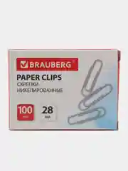 Скрепки BRAUBERG 28 мм, никелированные, 100 шт