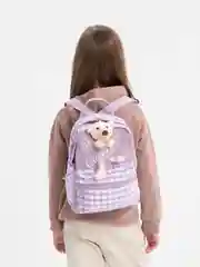 Фиолетовый рюкзак для девочки, с игрушкой, с мишкой, в клетку, 30 см, фиолетовый