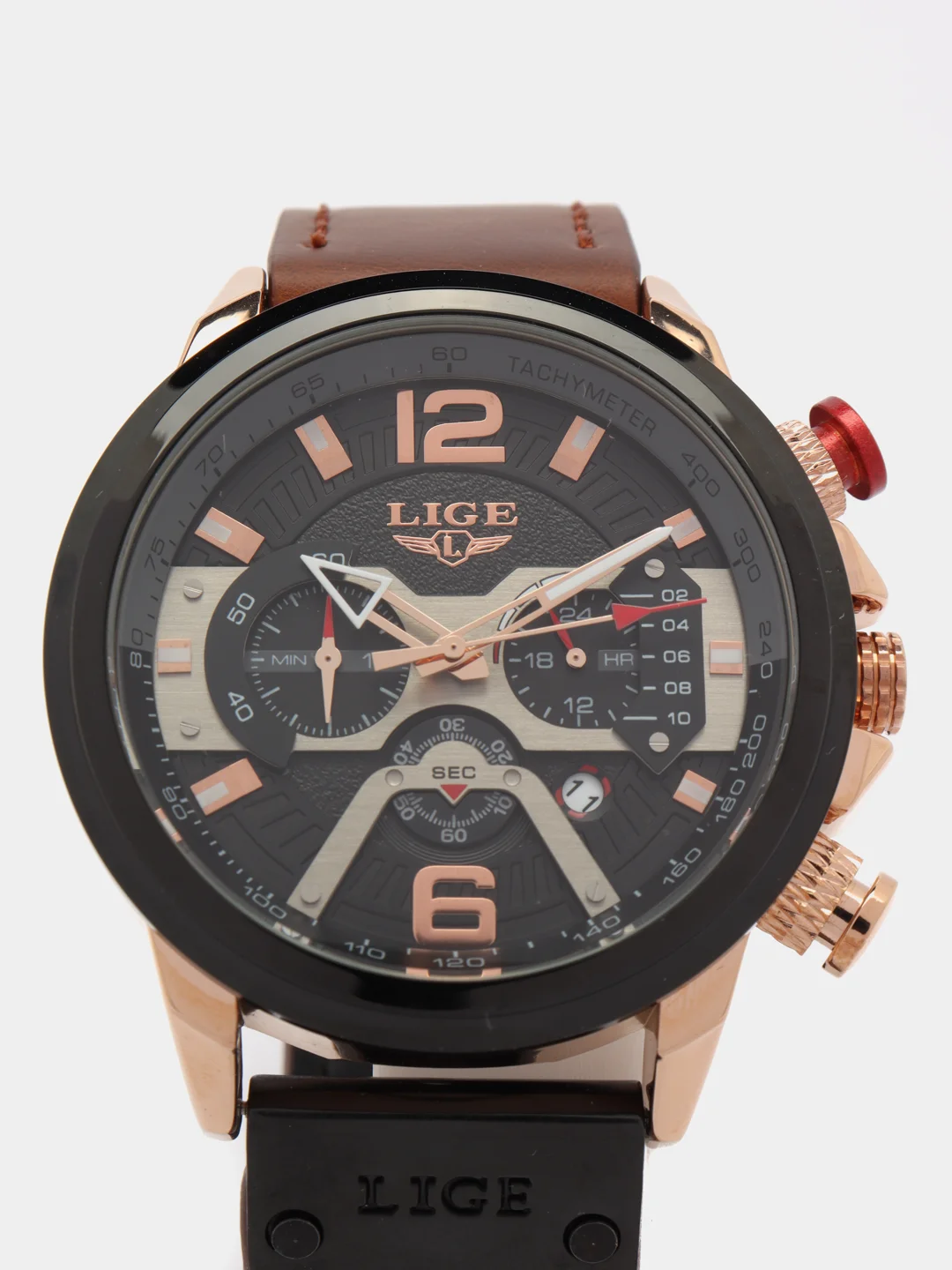 Коричневый мужские наручные часы Lige 8917 с хронографом, в подарочной упаковке