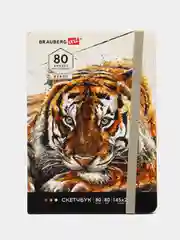 Скетчбук, белая бумага 80г/м 145х203мм, 80л, резинка, твердый, BRAUBERG ART DEBUT, Тигр