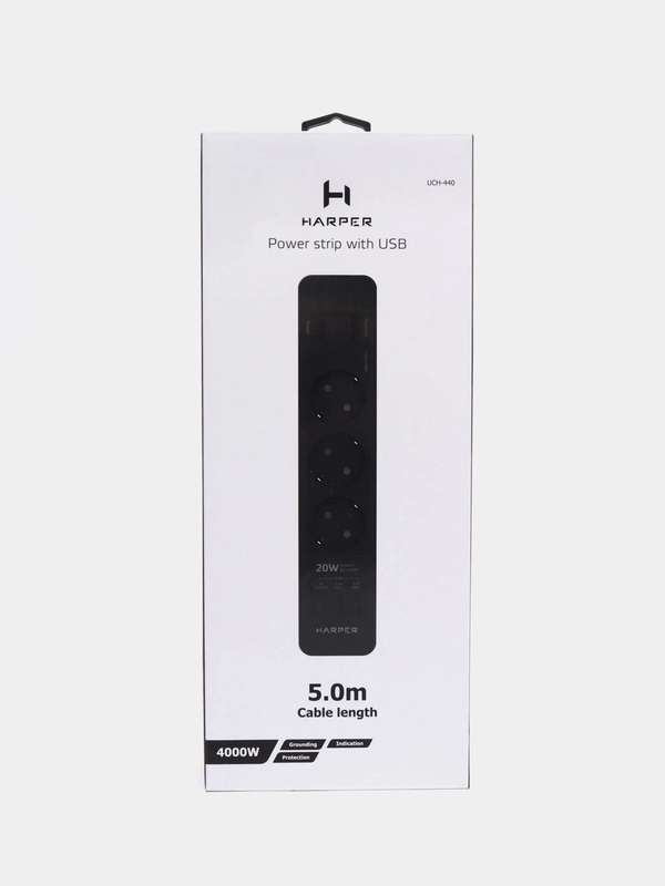 Сетевой фильтр Harper UCH-440, 5 метров, 3 розетки, 2 USB, Type-C, 4000 Вт, черный