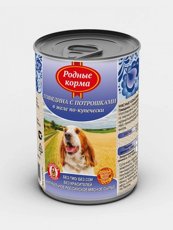 Корм влажный для собак Родные Корма, говядина с потрошками в желе по-купечески, 410 г