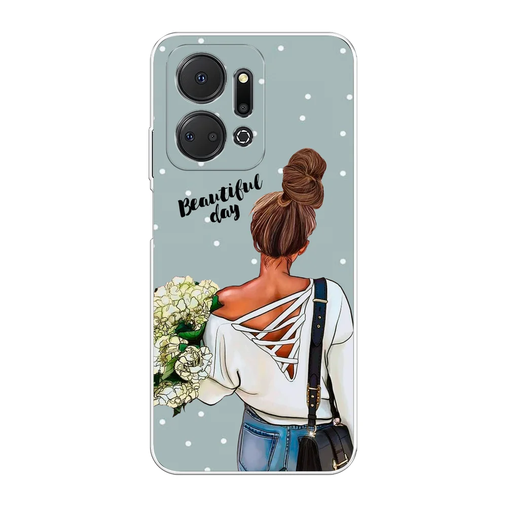 Тёмно-серый силиконовый чехол на Honor X7A / Хонор X7A прозрачный, с рисунком, защита камеры