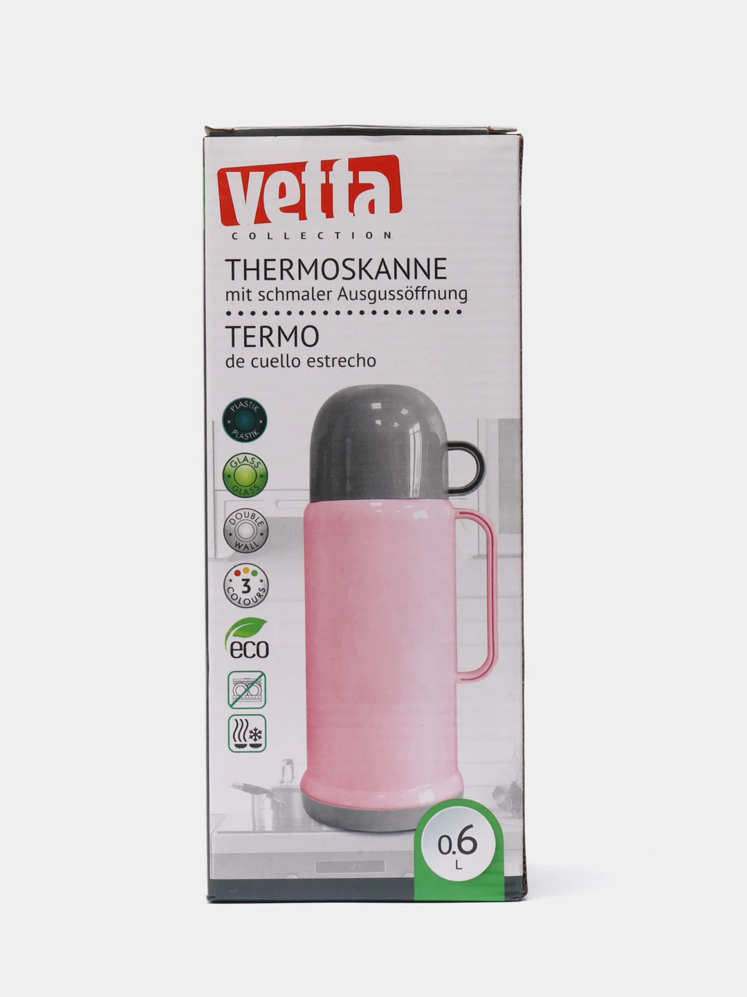 Розовый термос VETTA "Туристический", 0,6 л, 3 цвета, стеклянная колба