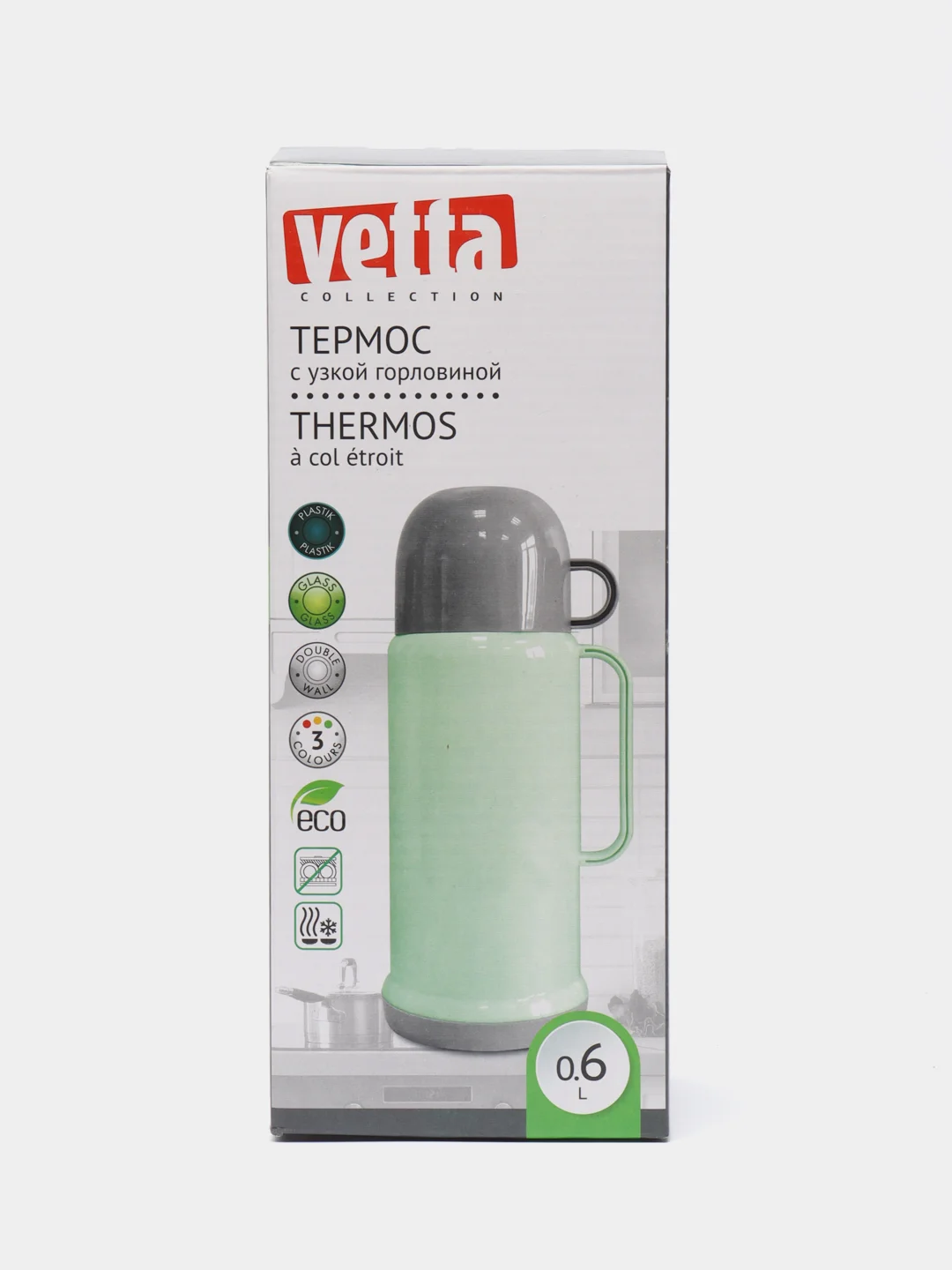 Зеленый термос VETTA "Туристический", 0,6 л, 3 цвета, стеклянная колба