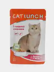 Влажный корм для кошек Cat Lunch "Говядина и морковь", кусочки в желе, 5 паучей по 85 г