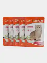 Влажный корм для кошек Cat Lunch "Говядина и морковь", кусочки в желе, 5 паучей по 85 г